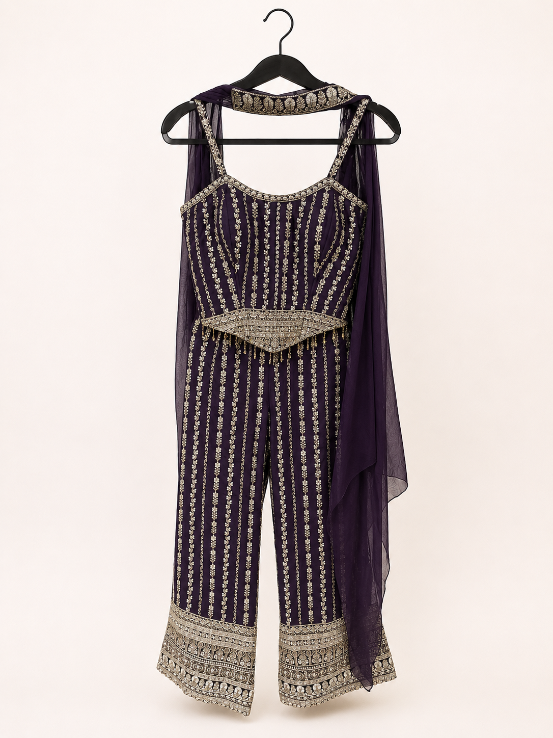 Heavy Deluxe Palazzo Set in Plum Purple with Gold Stripes sleeveless choker dupatta