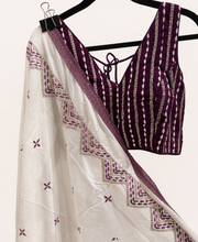 White and Purple Striped Cross Cut Choli Design with Sleeveless Top