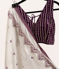 White and Purple Striped Cross Cut Choli Design with Sleeveless Top