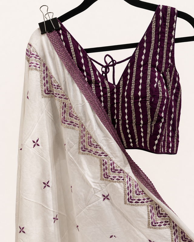 White and Purple Striped Cross Cut Choli Design with Sleeveless Top