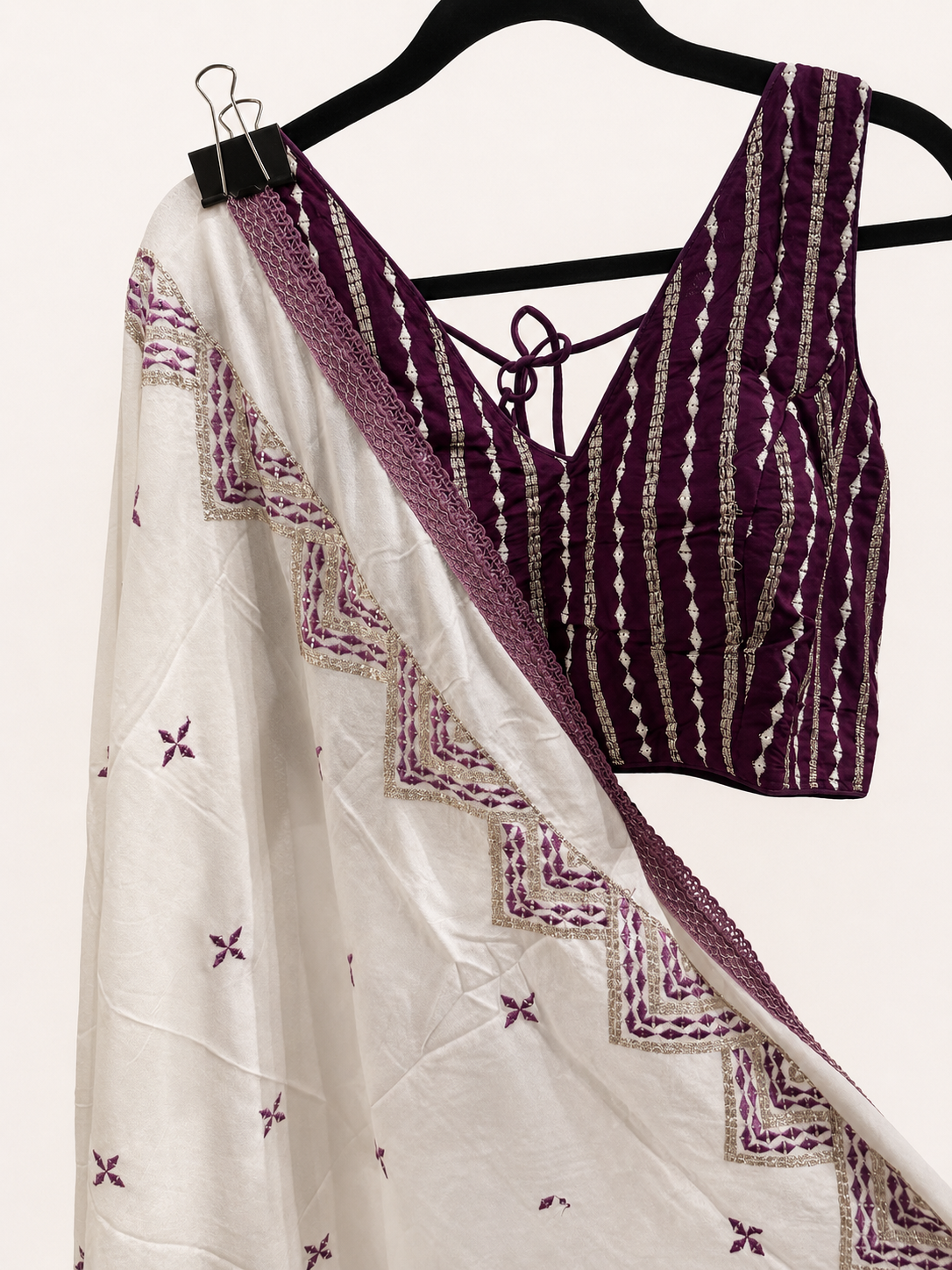 White and Purple Striped Cross Cut Choli Design with Sleeveless Top
