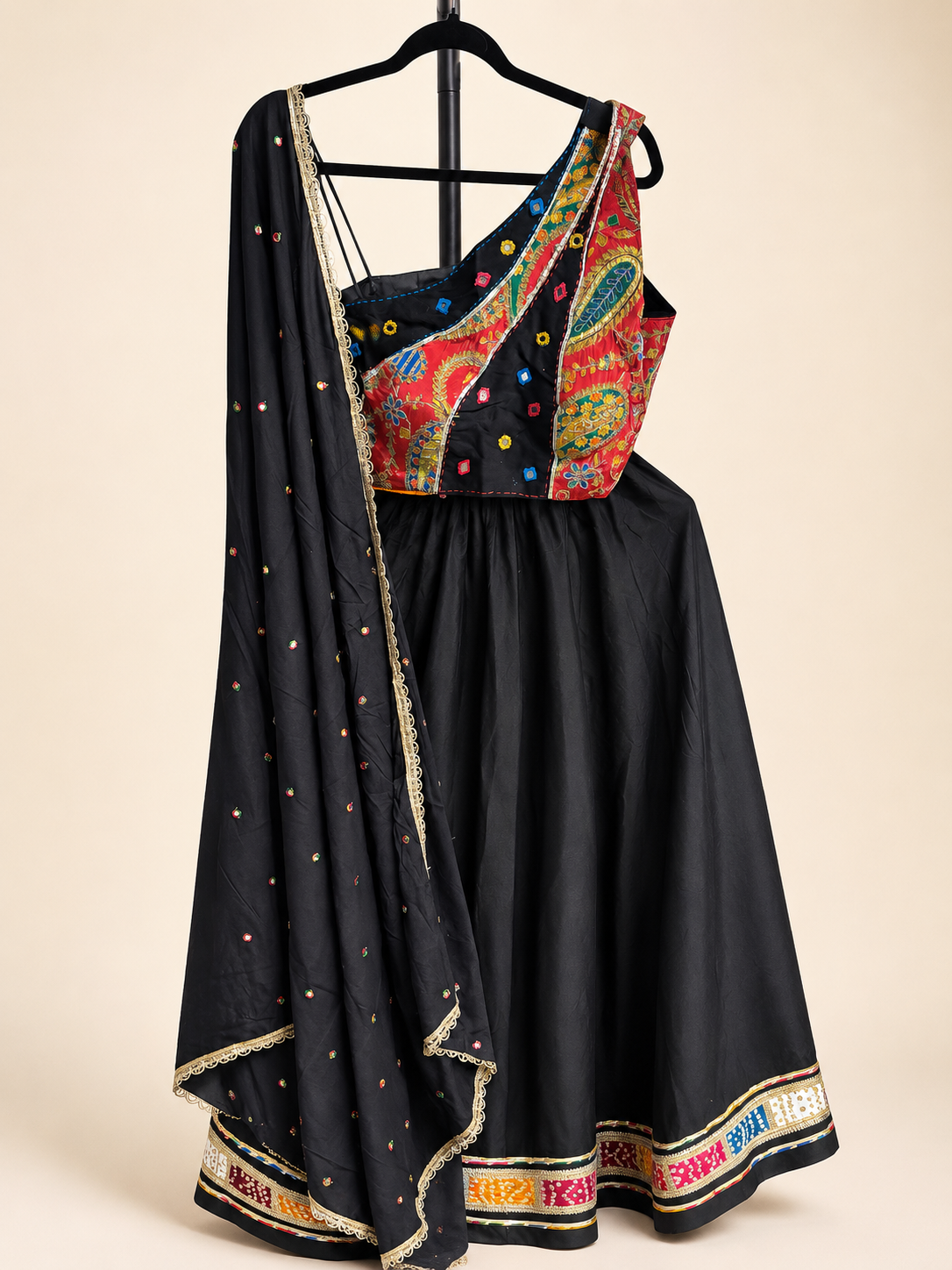 Black with Bhandni Border Sleeveless Blouse Lehenga Set
