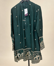 Mens Button Green Soft Material Kurta with Gold Elephant Embroidery