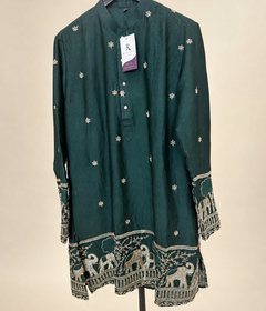 Mens Button Green Soft Material Kurta with Gold Elephant Embroidery