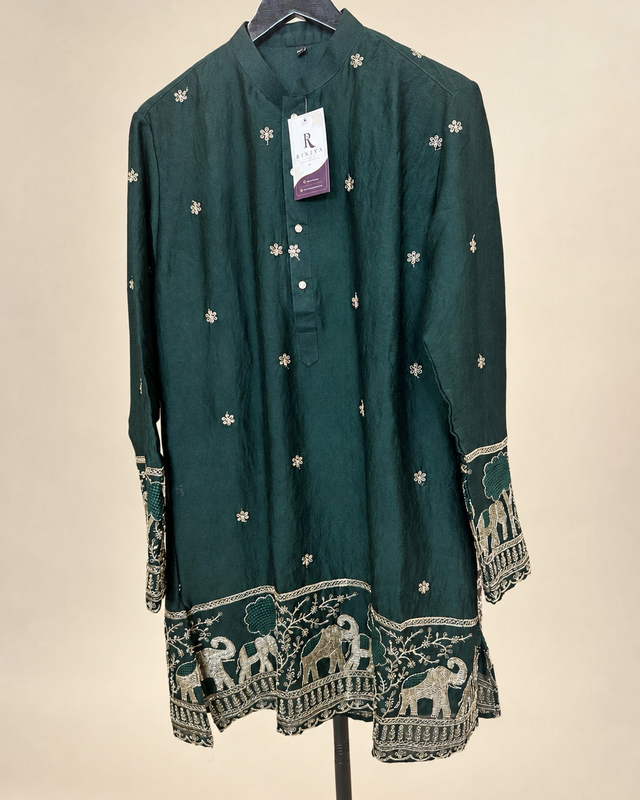 Mens Button Green Soft Material Kurta with Gold Elephant Embroidery