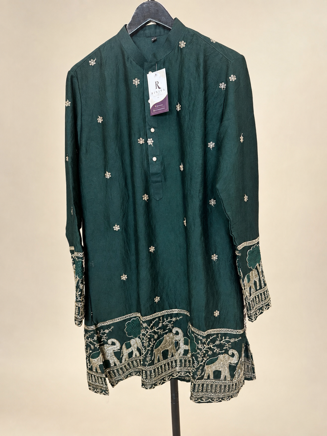 Mens Button Green Soft Material Kurta with Gold Elephant Embroidery