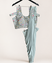 Grey Pattern Soft Pre-Stiched  Saree with purse