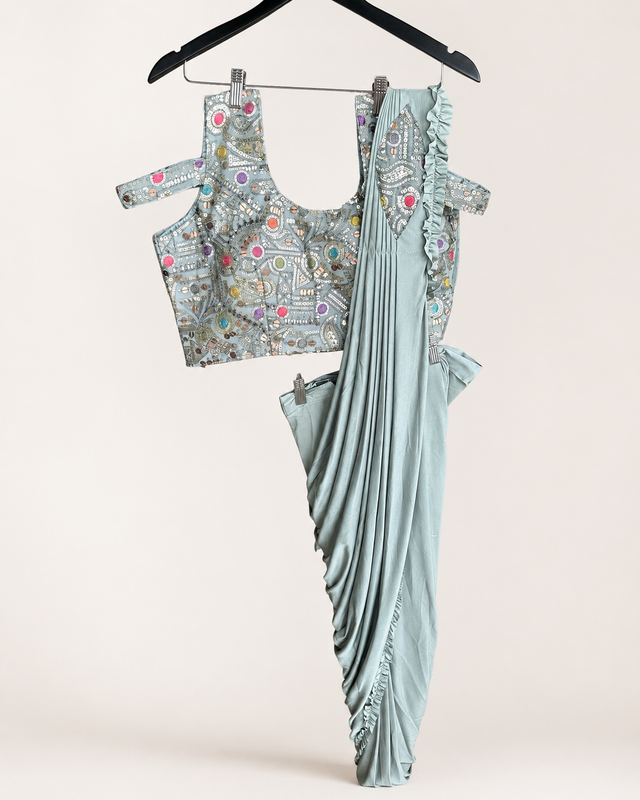 Grey Pattern Soft Pre-Stiched  Saree with purse