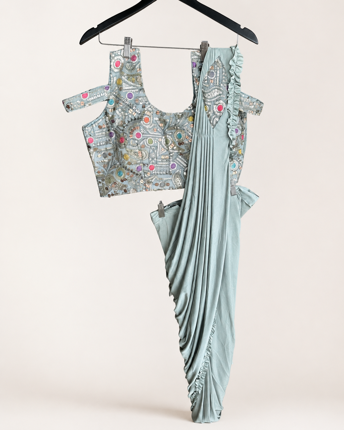 Grey Pattern Soft Pre-Stiched  Saree with purse
