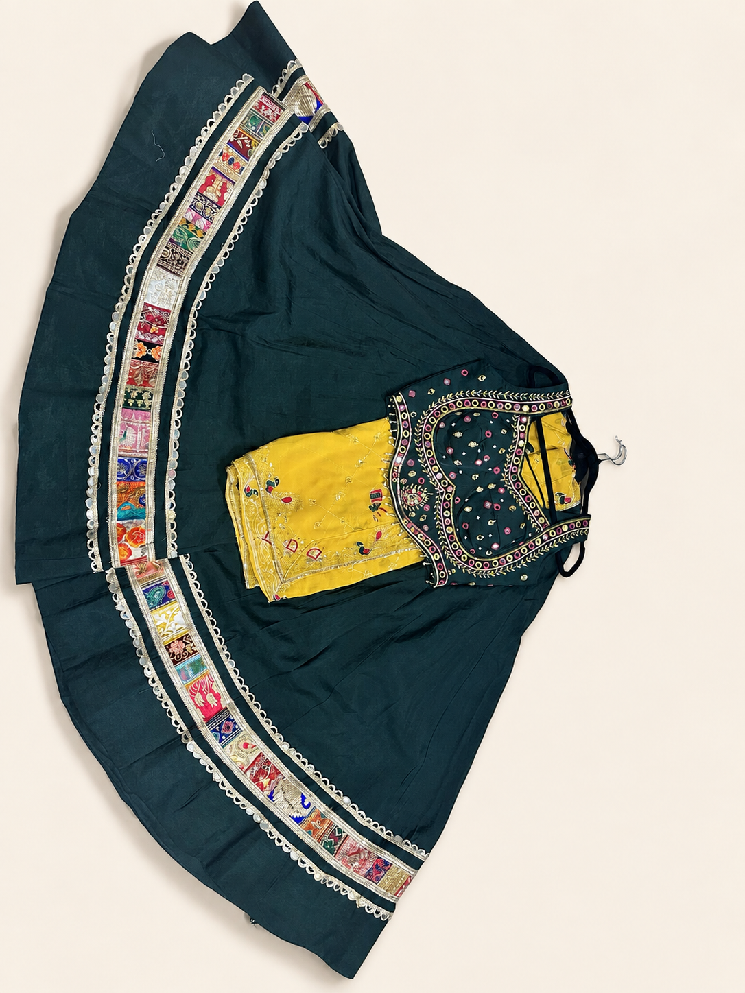 Green Garba Lehenga Set with Yellow Dupatta Traditional Folk