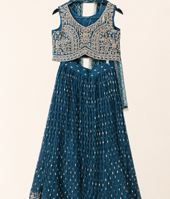 Blue Lehenga Set with Gold Embroidery and Net Dupatta