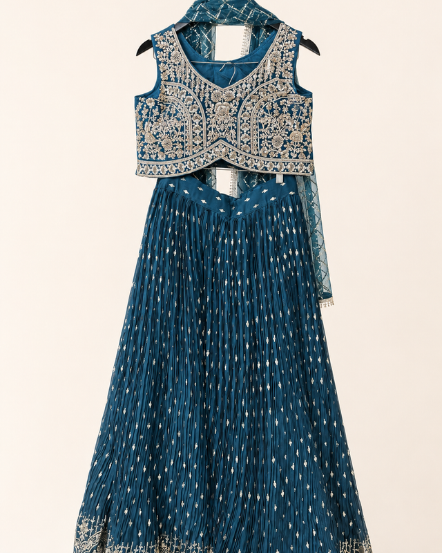 Blue Lehenga Set with Gold Embroidery and Net Dupatta