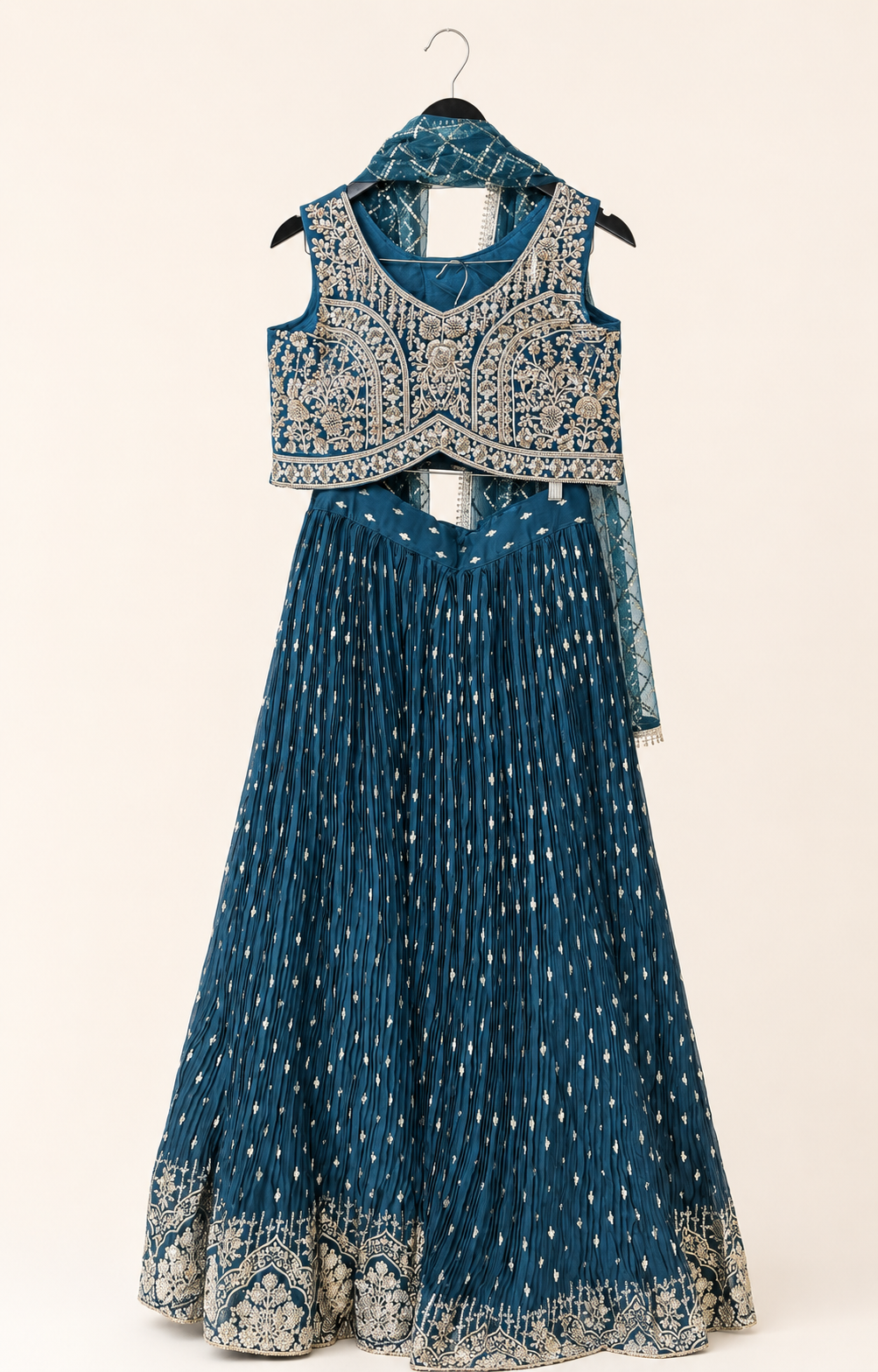 Blue Lehenga Set with Gold Embroidery and Net Dupatta
