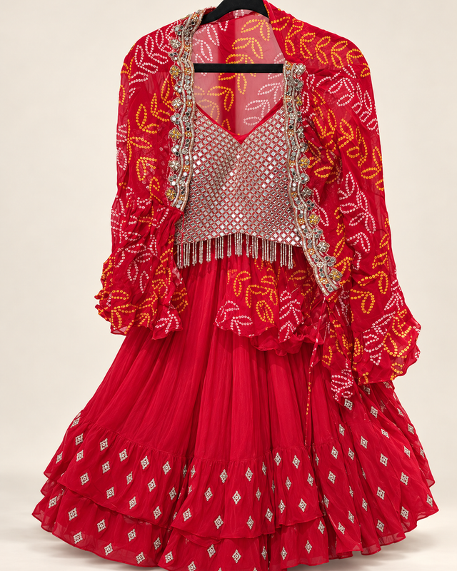 Red Palazzo Set with Bhandni Cape as Dupatta and a Dupatta