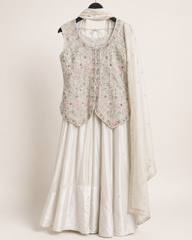 Grey Palazzo Set Button Palazzo Set with Floral Embroidery