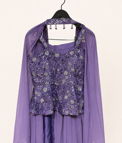 Purple Sequence Strap Peplum Top With Choker Dupatta Gown Dress