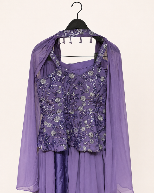 Purple Sequence Strap Peplum Top With Choker Dupatta Gown Dress