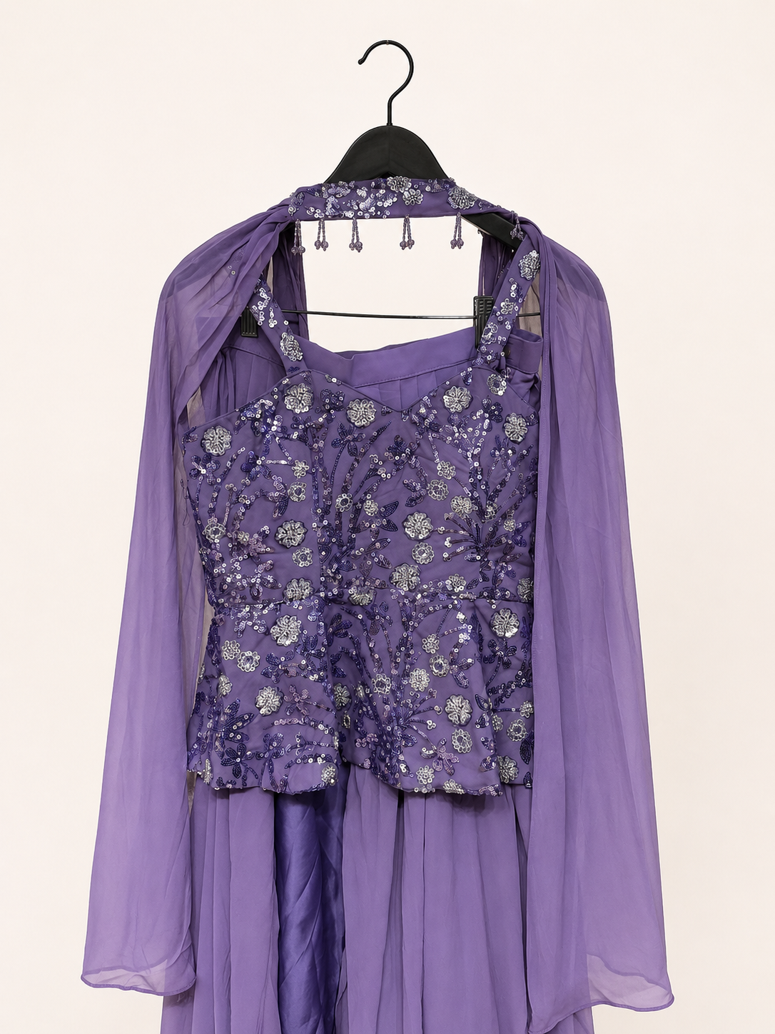 Purple Sequence Strap Peplum Top With Choker Dupatta Gown Dress