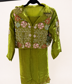 Metallic Green Floral Beaded and Sequence Collae Button Up Top with Palazzo Set