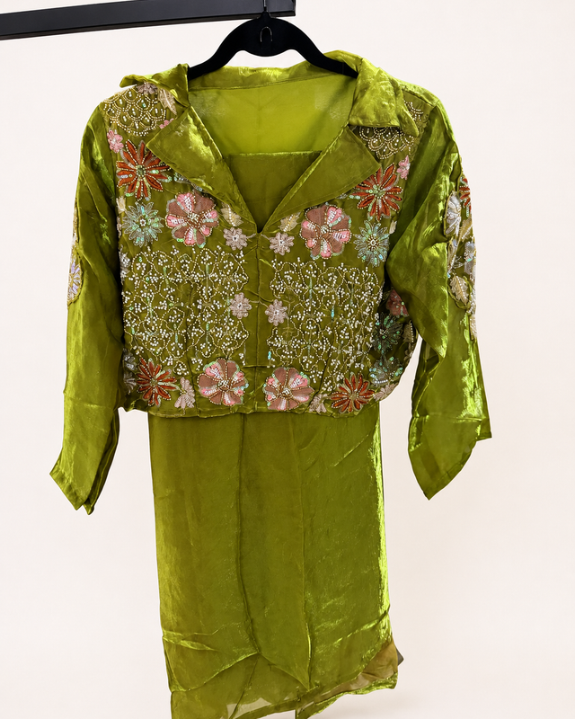 Metallic Green Floral Beaded and Sequence Collae Button Up Top with Palazzo Set