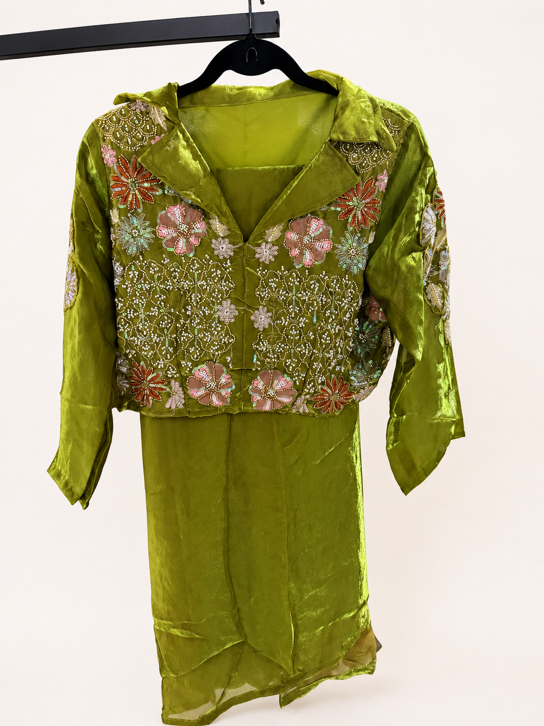 Metallic Green Floral Beaded and Sequence Collae Button Up Top with Palazzo Set