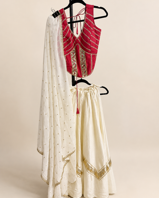 Red and White Cross Cut Choli Design with Sleeveless Top