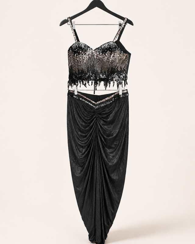 Shiny Black Co-Ord Set with Jacket as Dupatta