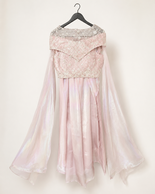 Long Sleeve Sweetheart Neck Pink Gown Dress