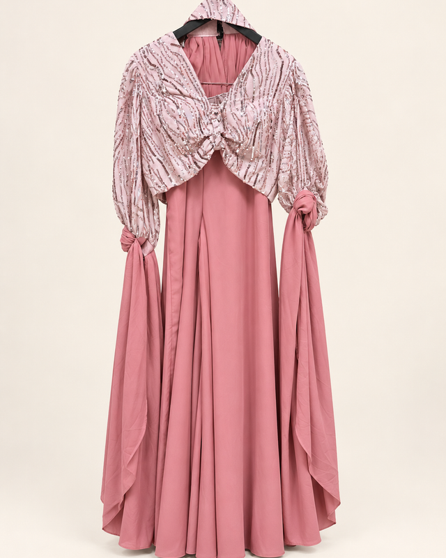 Long Sleeve Sequence Flowy Indo Western Palazzo Set in Pink