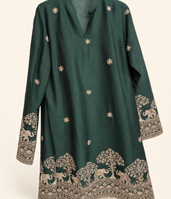 Mens V Neck Green Soft Material Kurta with Silver Elephant Embroidery