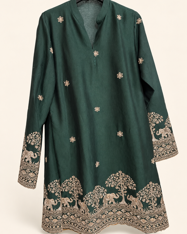 Mens V Neck Green Soft Material Kurta with Silver Elephant Embroidery