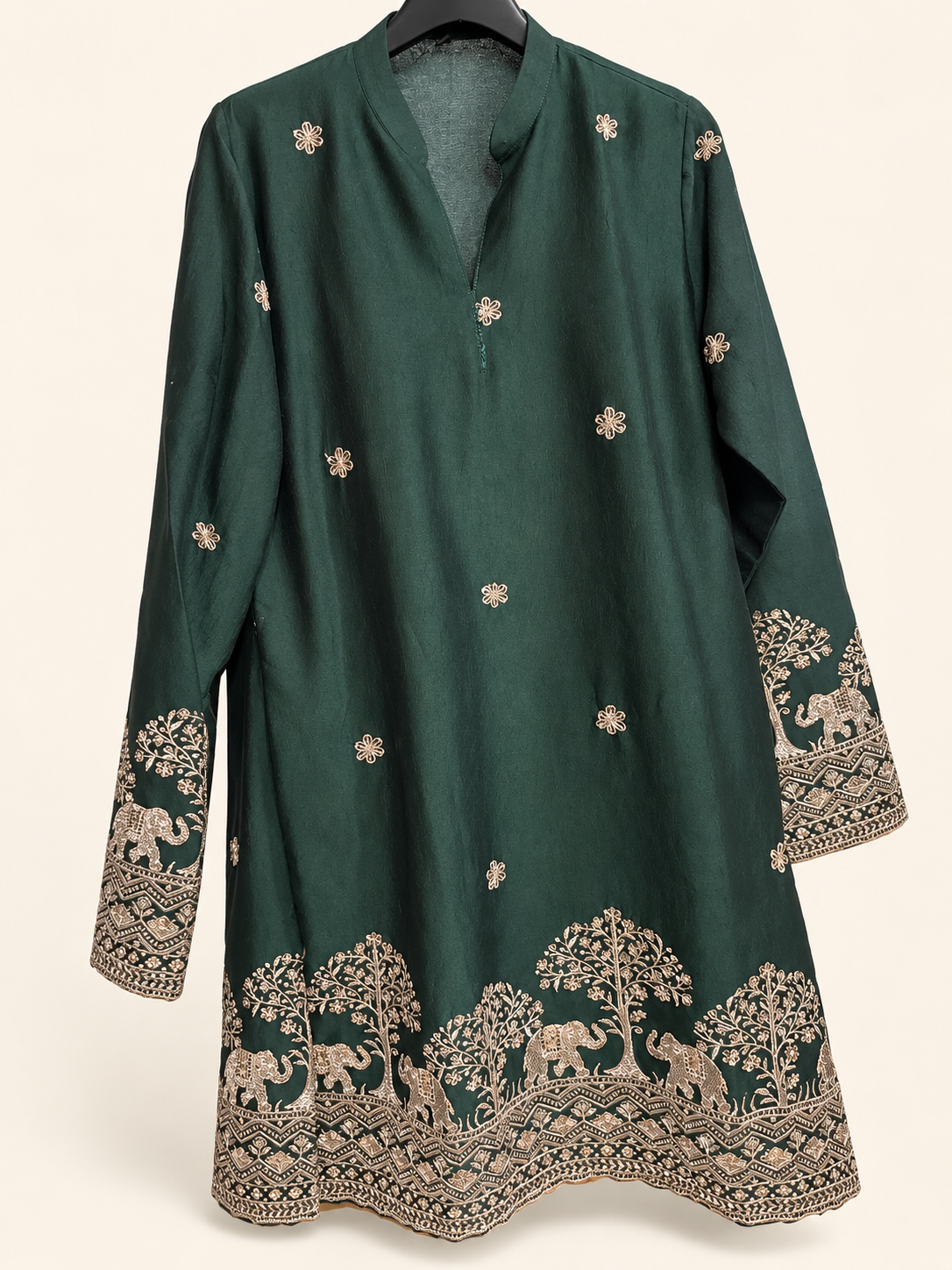 Mens V Neck Green Soft Material Kurta with Silver Elephant Embroidery
