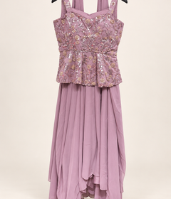 Pink Sequence Strap Peplum Top With Choker Dupatta Gown Dress