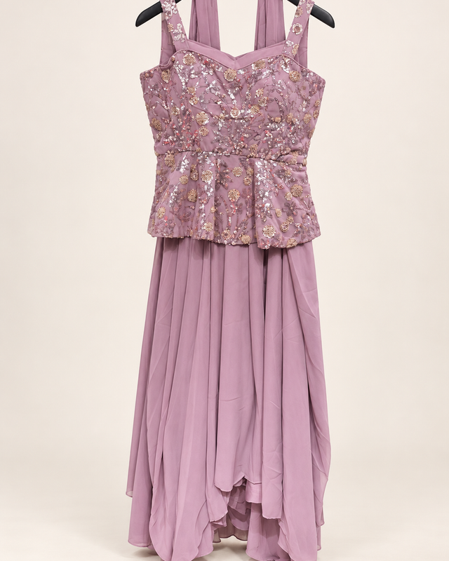 Pink Sequence Strap Peplum Top With Choker Dupatta Gown Dress
