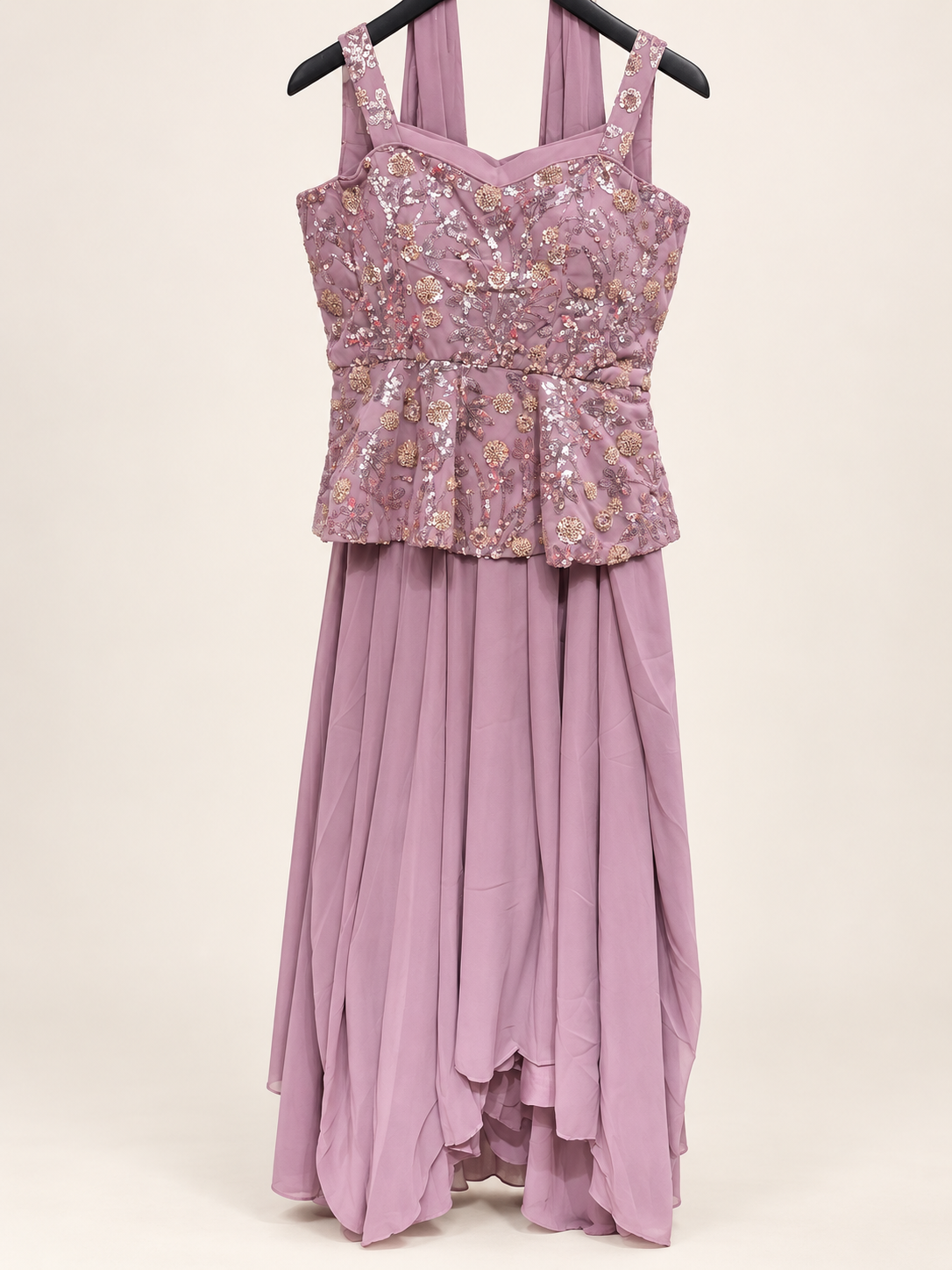 Pink Sequence Strap Peplum Top With Choker Dupatta Gown Dress