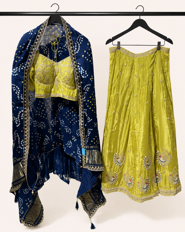 Yellow Lehenga Set with Royal Blue Bhandni Dupatta