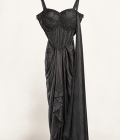 Black Corset See Through Top Pre-Stiched  Saree and with dangle beads. Dupatta attached to top
