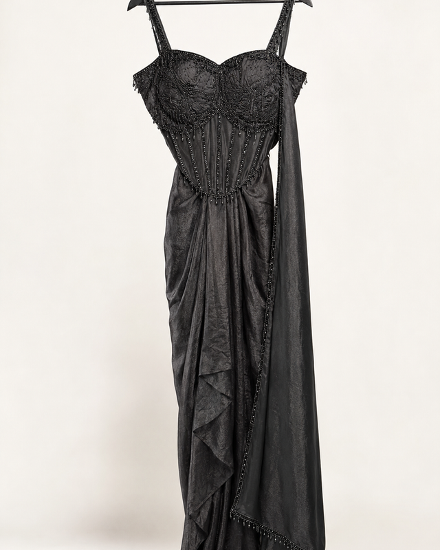 Black Corset See Through Top Pre-Stiched  Saree and with dangle beads. Dupatta attached to top