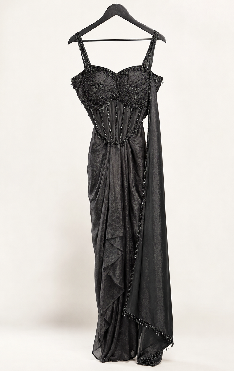 Black Corset See Through Top Pre-Stiched  Saree and with dangle beads. Dupatta attached to top