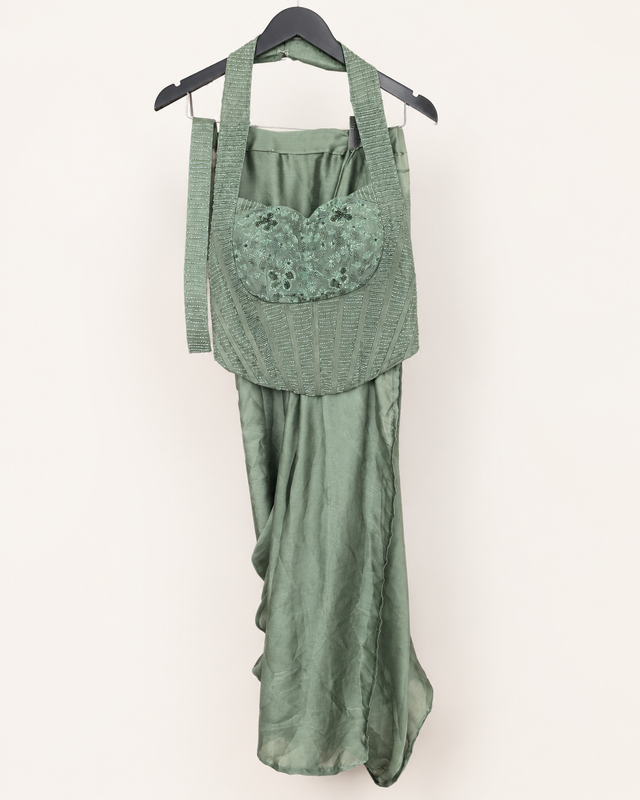 Satin Green Corset Saree Pre-Stiched
