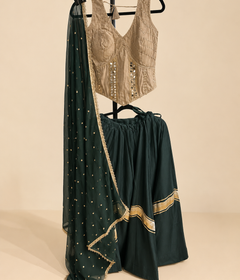 Brown and Green Cross Cut Choli Design with Sleeveless Top