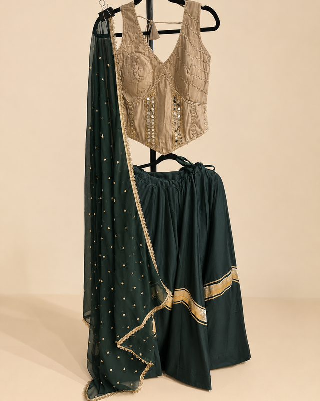 Brown and Green Cross Cut Choli Design with Sleeveless Top