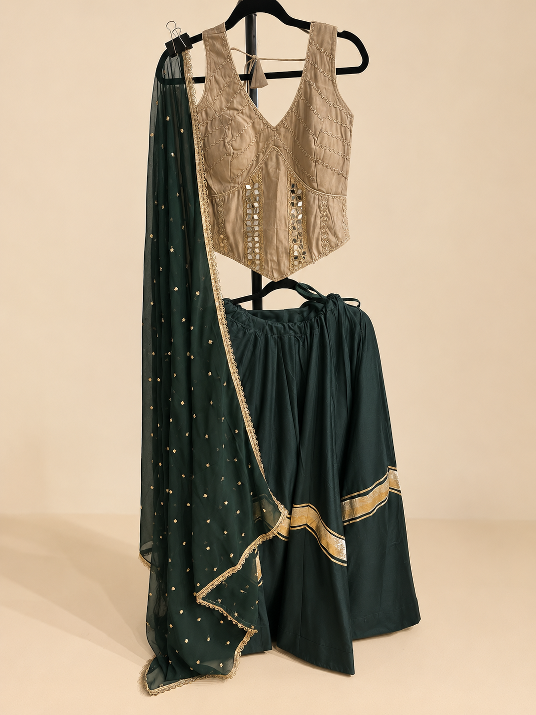 Brown and Green Cross Cut Choli Design with Sleeveless Top