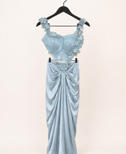 Blue Satin Pre-Stiched Saree with Net Top and Simple floral Design