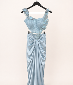 Blue Satin Pre-Stiched Saree with Net Top and Simple floral Design