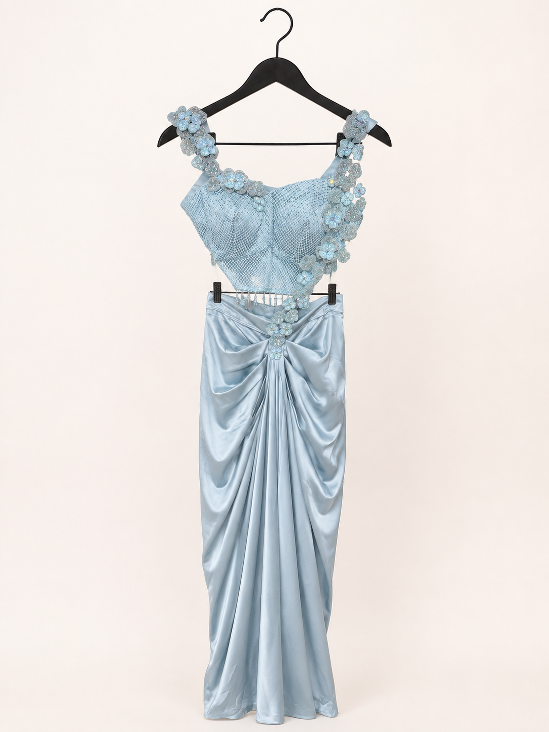 Blue Satin Pre-Stiched Saree with Net Top and Simple floral Design