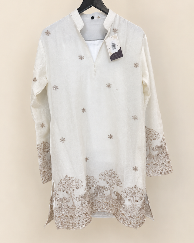Mens V Nevk White Soft Material Kurta with Gold Elephant Embroidery