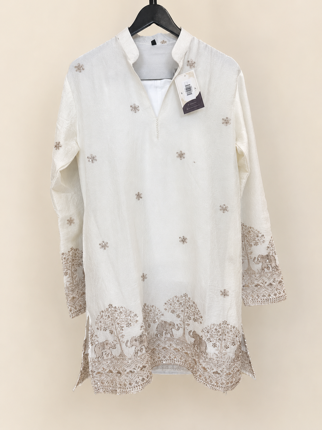 Mens V Nevk White Soft Material Kurta with Gold Elephant Embroidery