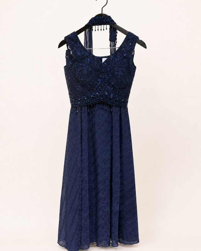 Blue Striped Gown Soft Material Choker Dupatta