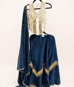 White and Blue Cross Cut Choli Design with Sleeveless Top